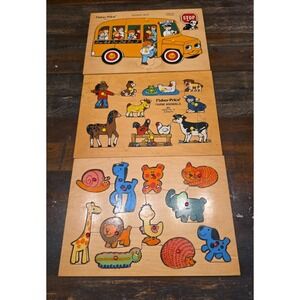 Vtg Wooden Peg Puzzle Lot Fisher Price Farm Animals School Bus Simplex Holland